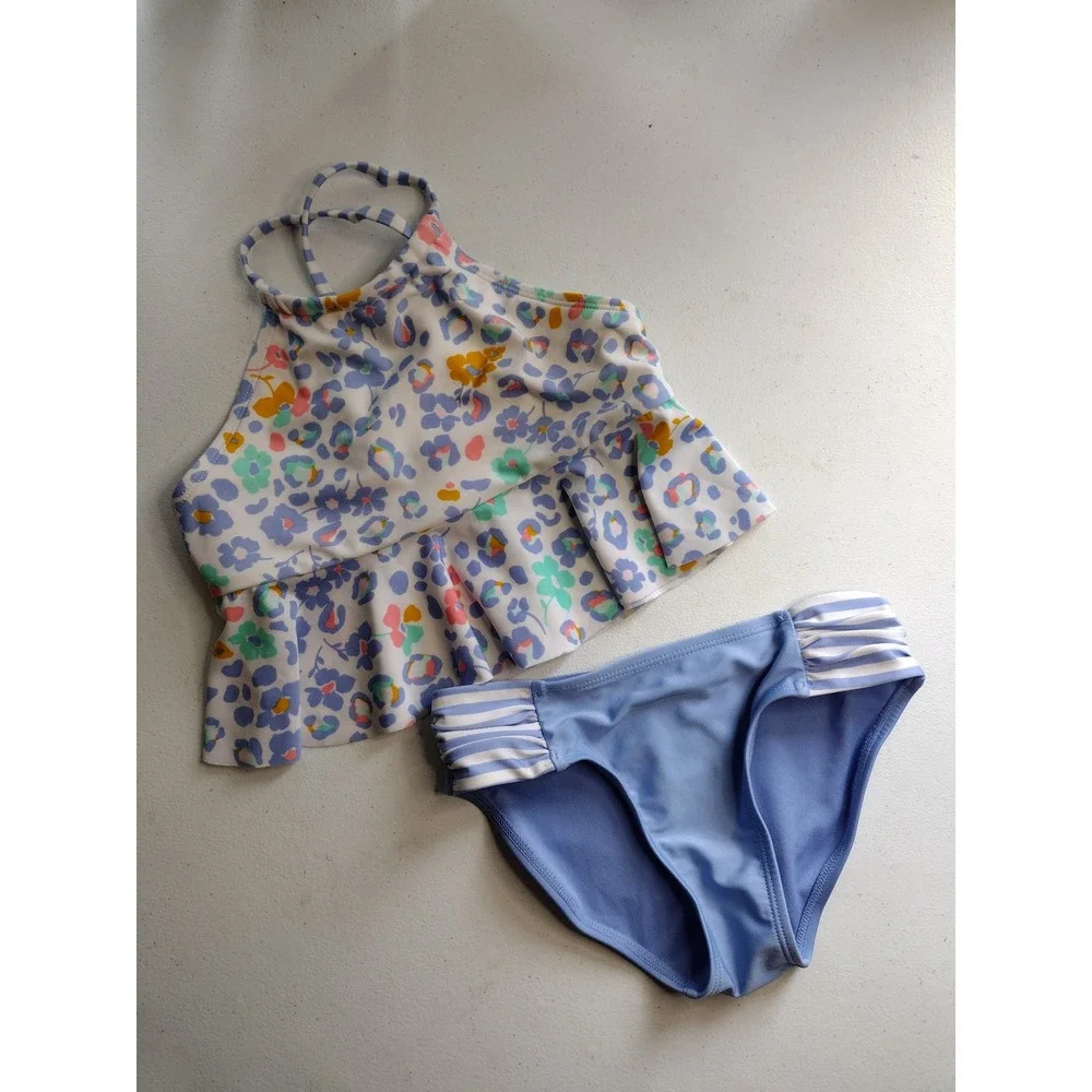 Cat and Jack Girls Swimsuit Floral Print‎ Ruffle Tankini Set Size M 7/8
